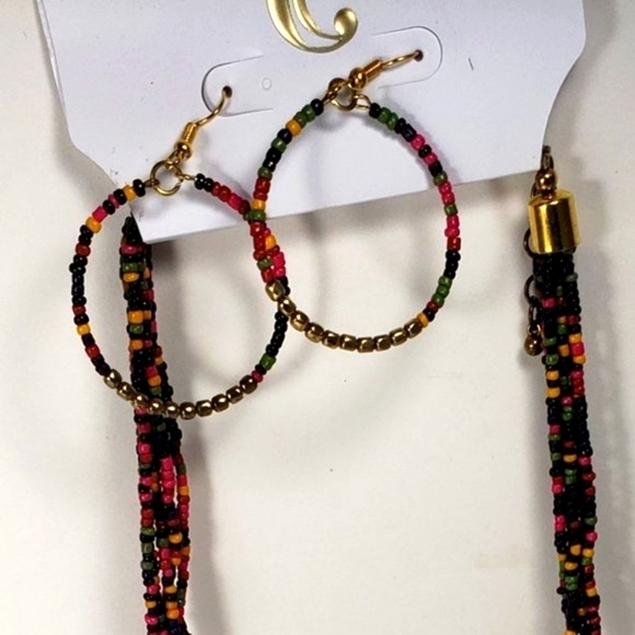 42" Gold tone Layered Colorful Beaded Statement Long Neckace & Matching Earrings - Picture 3 of 15